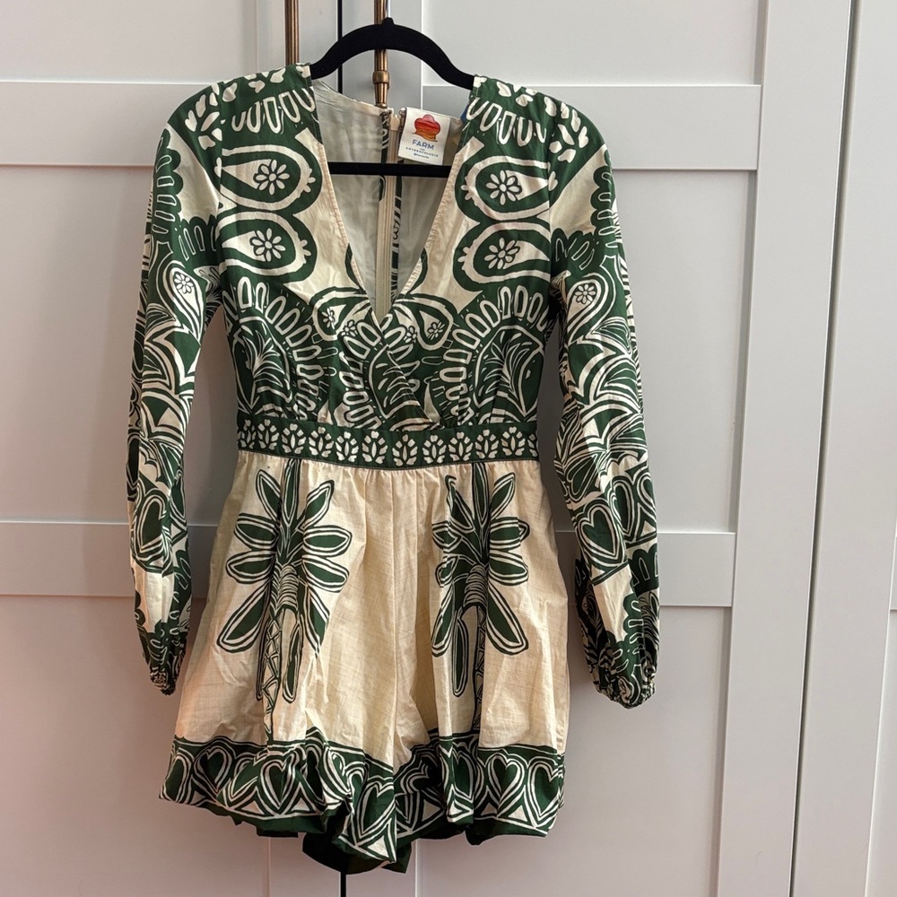 Anthropologie Green and Cream Patterned Romper